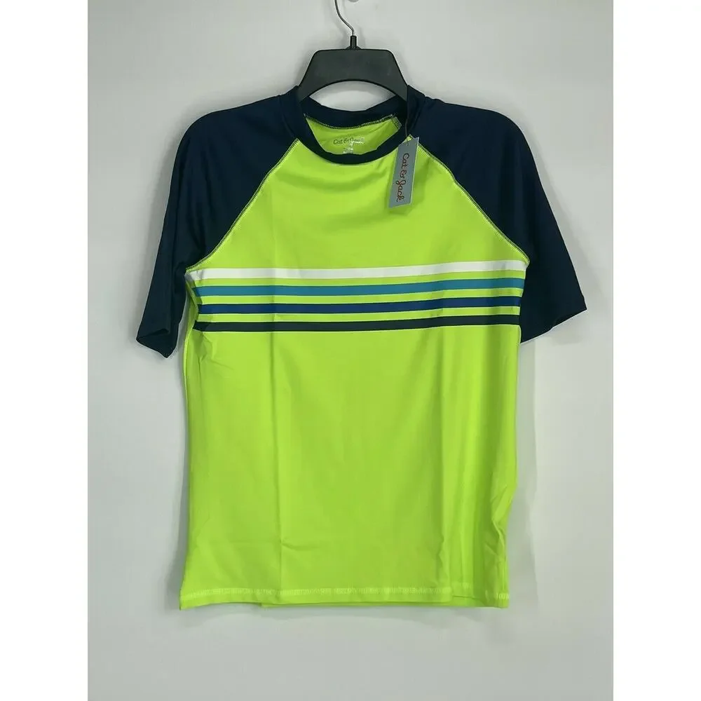 Cat & Jack Boys Rash Guard Green Blue Color Block UPF 50+ Stretch XL 16